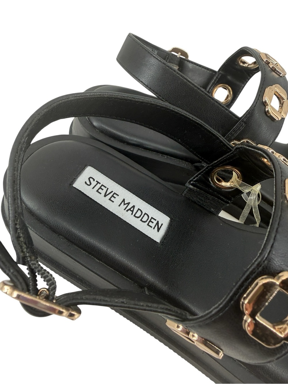 Steve Madden Tenacious Black Gold Studded Platform Sandals Womens 7.5 Gladiator - Picture 5 of 13